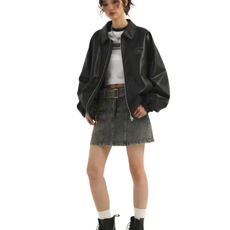 Star River Black PU For Men And Women, Trendy Brand 2024 Winter New American Retro Leather Jacket Designer Designer