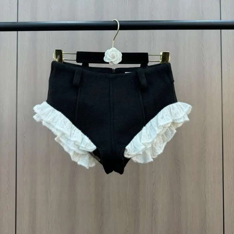 Getspring Women 2025 Spring New Black Short Wool Zipper Blazer Coat High Waist Lace Ed Shorts Two Pieces Sets