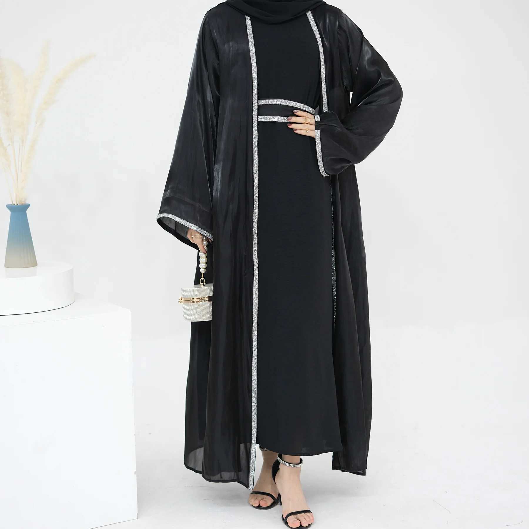 Muslim Set 3-Pieces Women Open Abaya Diamond Kimono Hijab Inner Dress Set Turkey Dubai Kaftan Eid Party Ramadan Caftan Arab Robe X250514