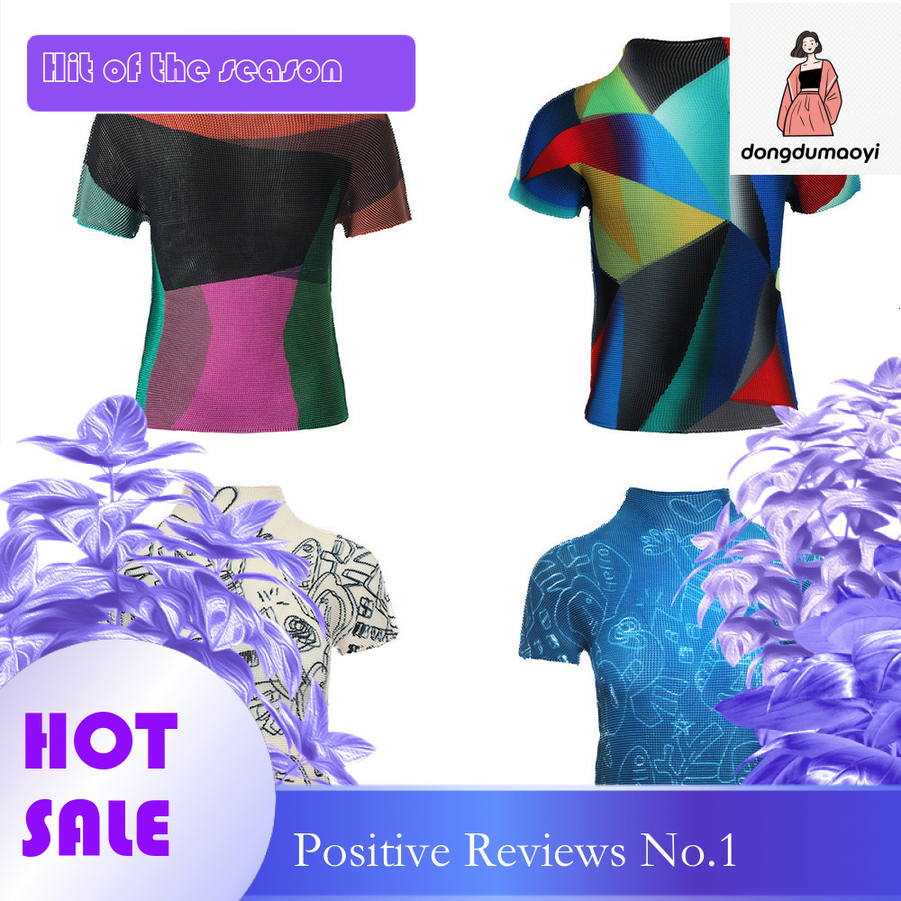 dongdumaoyi Folding women's shirts in small batches, Miyake super elastic corn pleated stand up collar printed T-shirt tops
