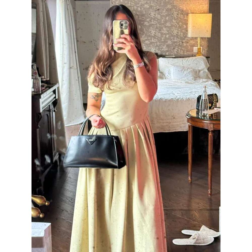 Elegant Off Shoulder Pleated Dress Women Fashion O Neck Short Sleeve Patchwork Long Dresses New Casual Office Lady Robe