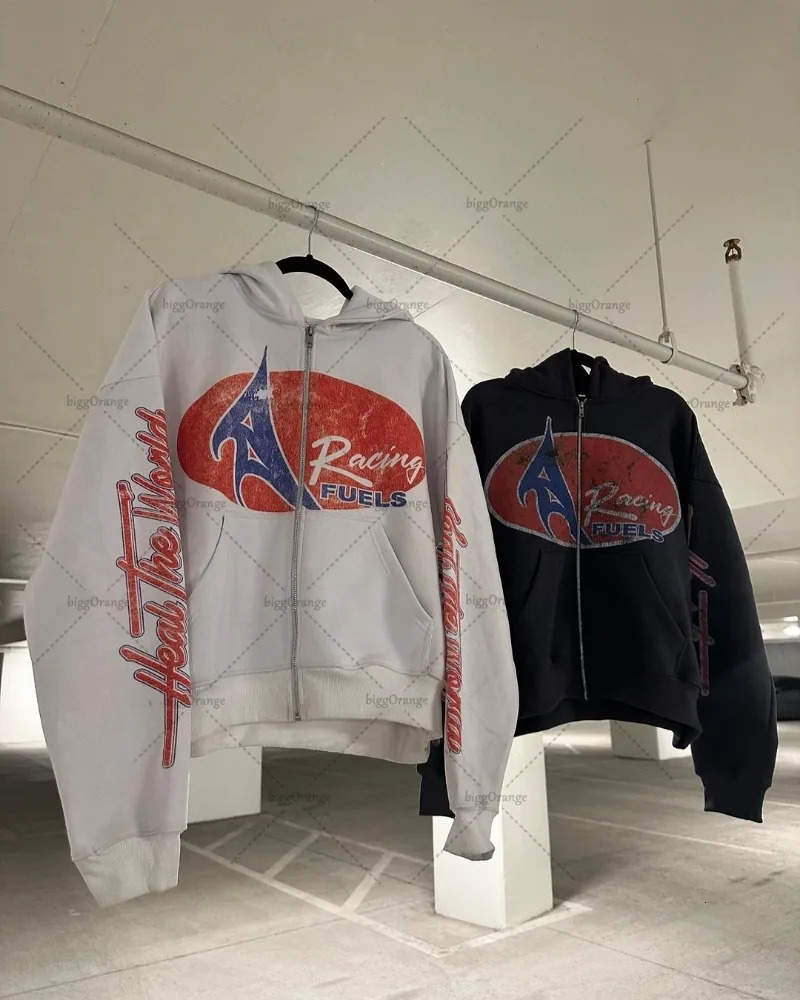 American Retro Letter Print Oversized Sweatshirt Y2K Harajuku Street Trend Zipper Hoodie Men Hiphop Casual Loose Jacket Couple 250514