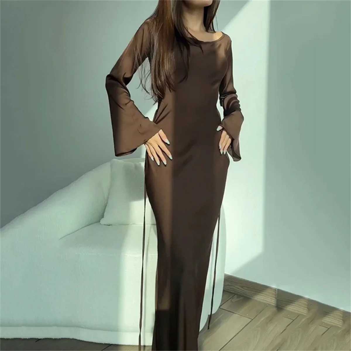 Womens Maxi Dress 2025 New Silk Long Round Neck Satin Flare Sleeve Lace Up Slim Skirt Evening Party Dresses Sexy Chic RobesXJ250514