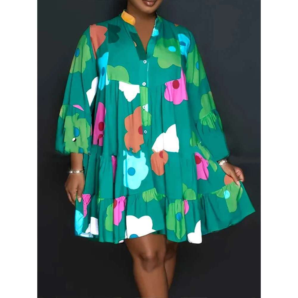 Plus Size Autumn New Floral Printed Women's Casual Loose Button Fashion Streetwear Polyester V-Neck Pleated Dresses