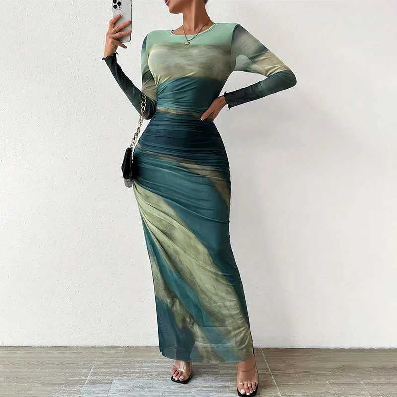 Tie Dye Green Mesh Corset Dress Autumn Elegant Women Dresses Bodycon Long Sleeve Dress Print Maxi Ruched Through Female DressXJ250514