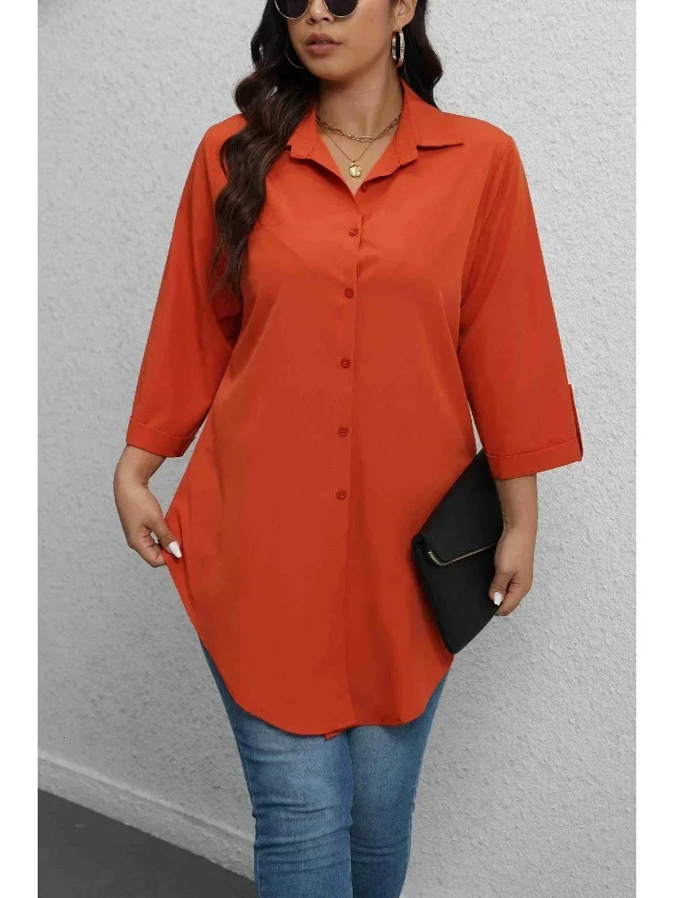 Plus Size 1XL5XL Fashion Womens Blouse Solid Color with RollUp Sleeves TurnDown Collar ButtonUp Casual Chic Top Shirt 250514