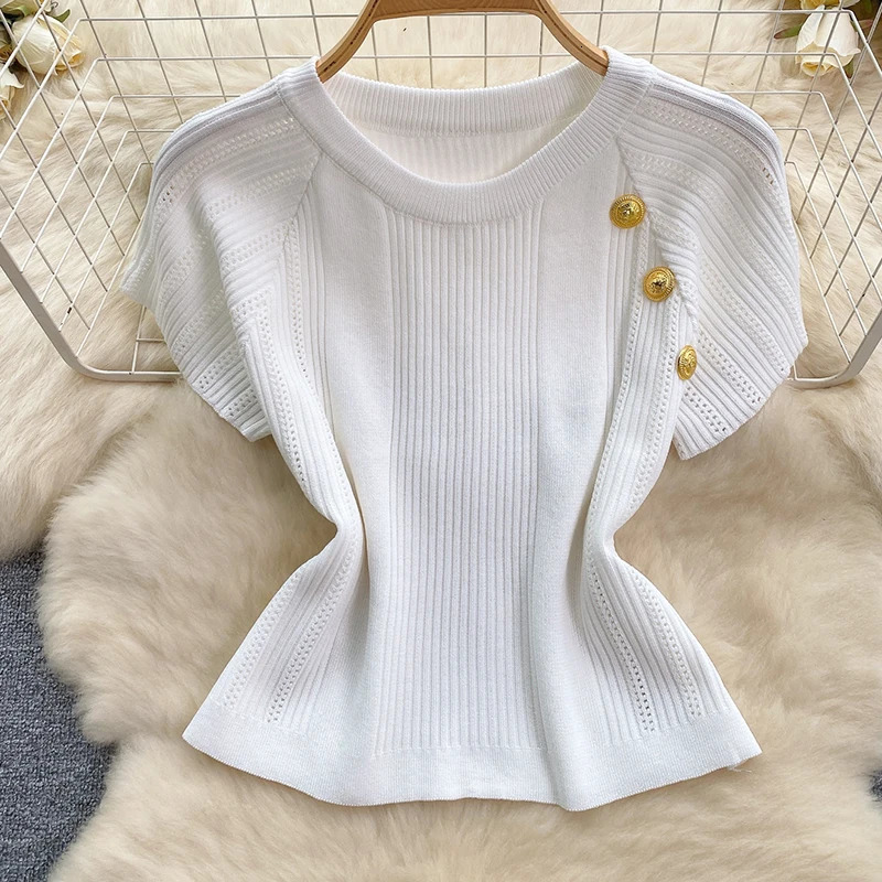 HELIAR Elegant Knitted 2 Piece Sets ONeck Metal Buttons Short Sleeve Top and Elastic Skirts Set Casual Summer Women Outfits 250514