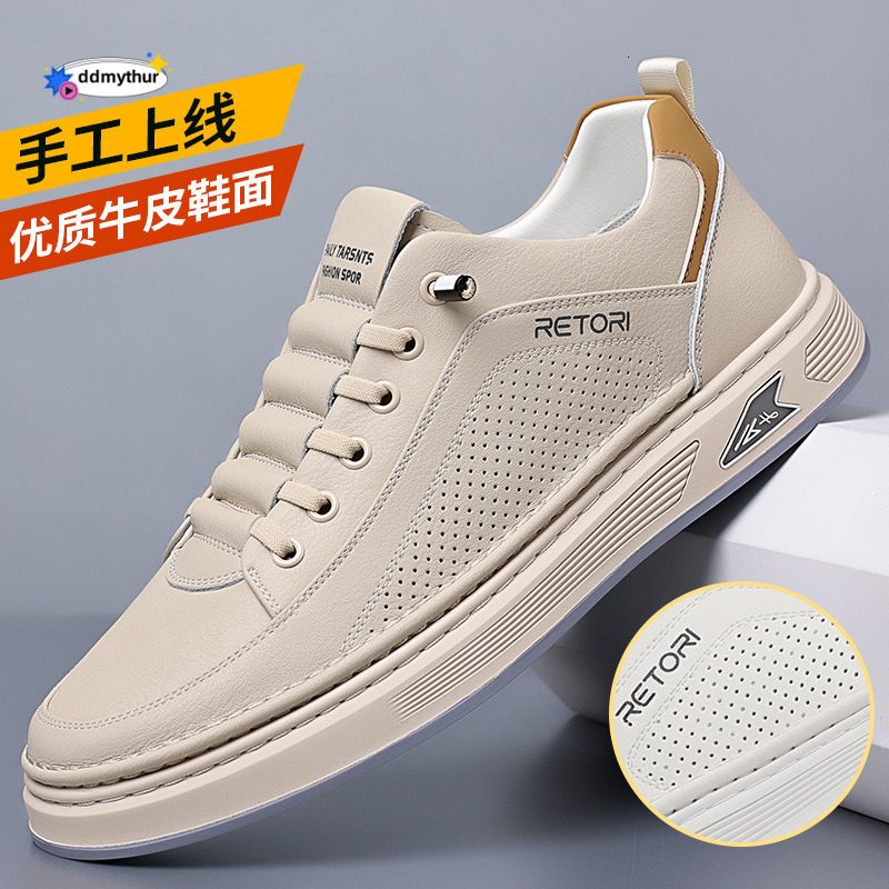 2025 Summer New Board for Men, Breathable Hollow Mesh, Genuine White Top Layer, Leather, One Step Casual Shoes ddmythur