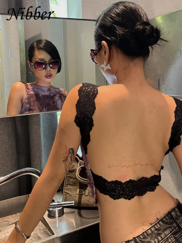 Nibber Y2K Sexy Tank Tops Summer Women tie Lace Backless Shoulder Straps Vintage Print Skinny Stretch Streetwear Wild Vest 250506
