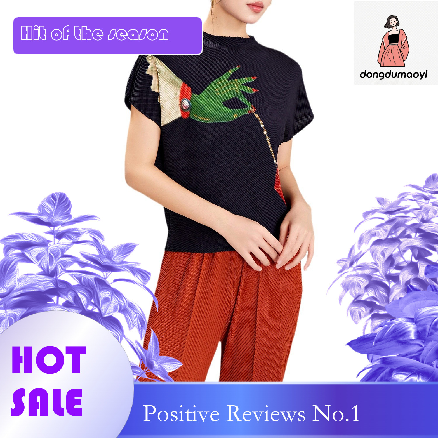 dongdumaoyi Miyake top short sleeved 2024 new summer design sense niche round neck loose slimming printed pleated t-shirt for women