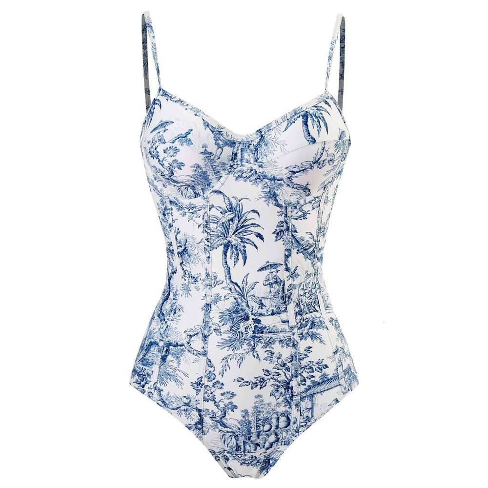 European American one-piece swimsuit for women, conservative slimming, retro printed with strip steel support, hard pack swimsuit, chiffon long skirt,