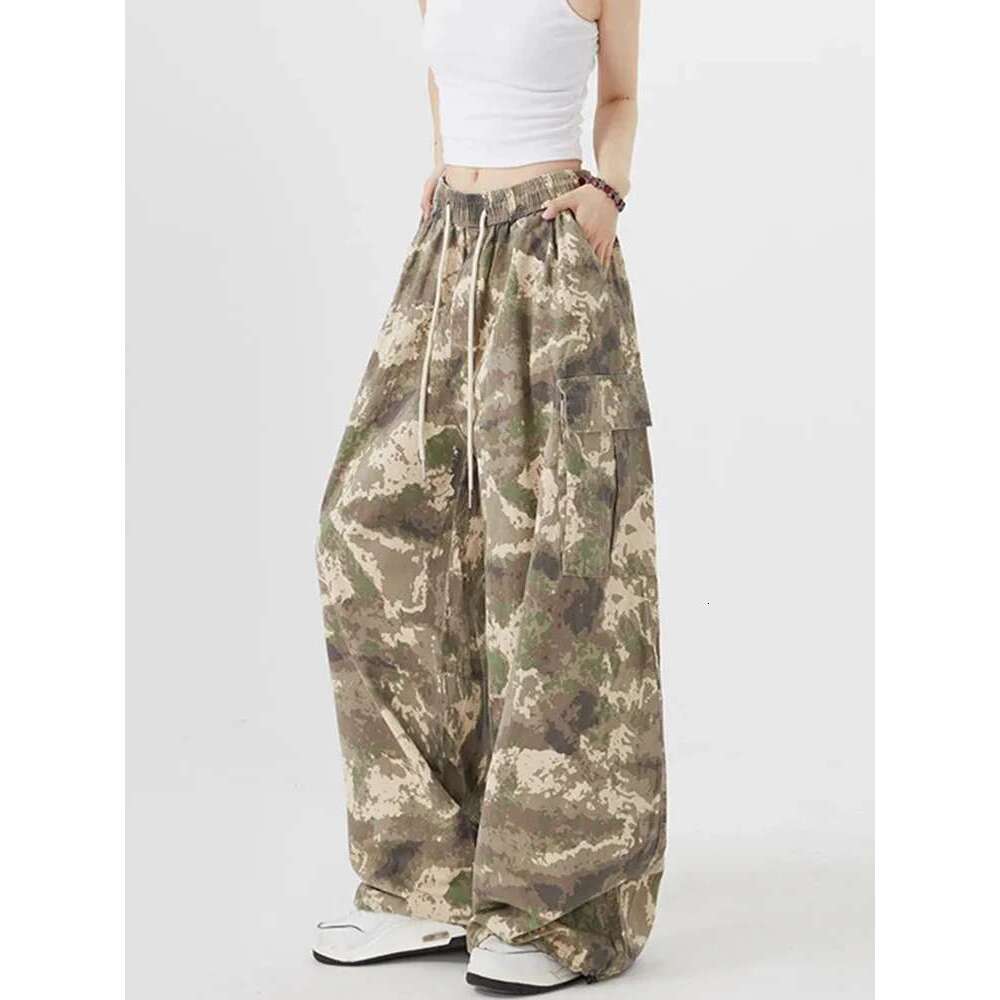 Zoki Streetwear Camouflage Cargo Women High Waist Y2K Haruku Wide Leg Trousers Vintage American Pockets Lace Up Pants