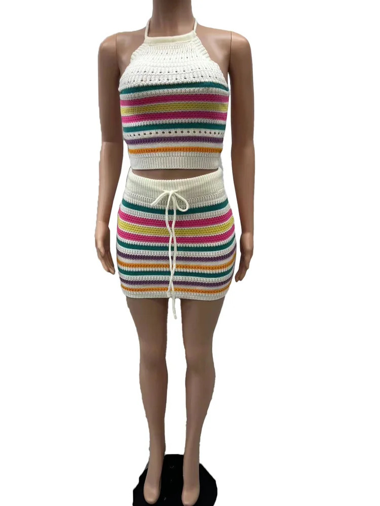 Beyprern Elegant Striped Knitthing Two Piece Set Women Halter LaceUp Crop Top Matching Shorts Beach Swimsuits 2 250514