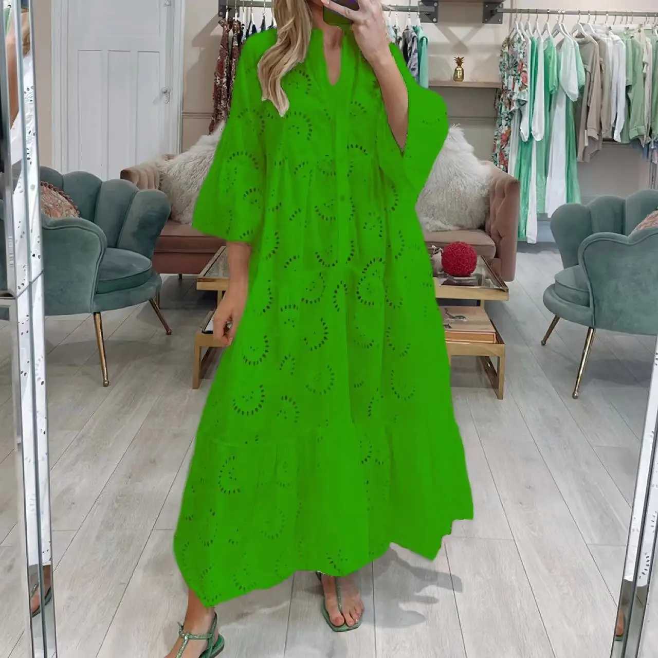 Dresses for Dresses Spring Summer Shirt Dress 2024 White Dresses V-Neck Flared Sleeves Lace Hollow Solid Color Sexy Long DressesXJ250514