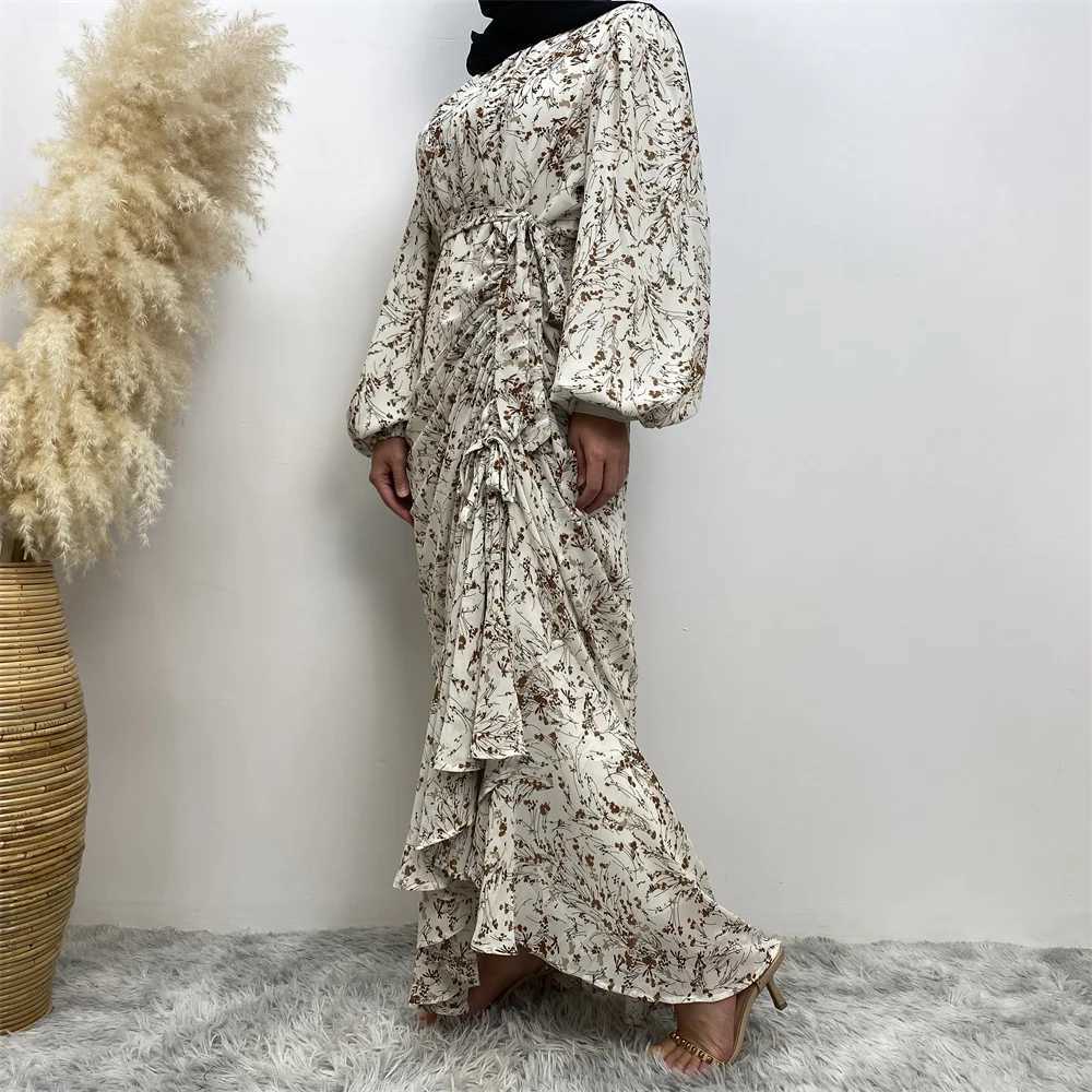 Muslim Womens dress Casual print bark crepe long dress Zipper collar long slves loose Muslim maxi dress X250514