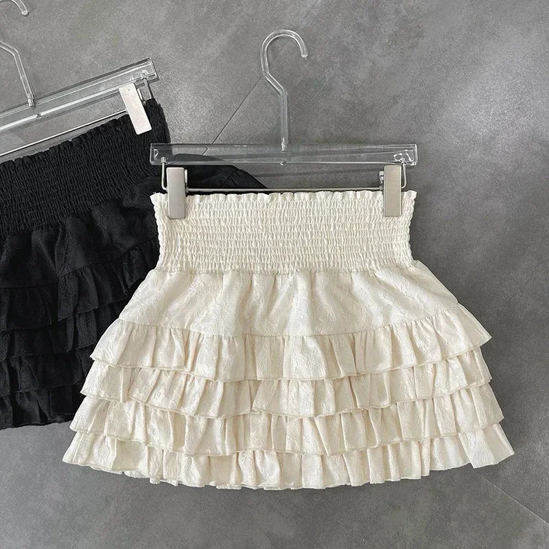 Streetwear Ruffles Mini Skirts Women Sweet Kawaii High Waist Lace A Line Skirt Summer Korean Fashion Black Ball Gown 250514
