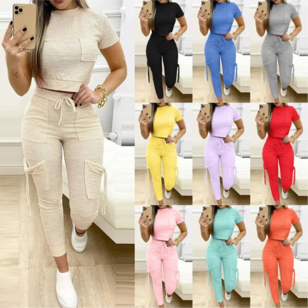 Tight Solid Color Two Piece Set Women Cropped T Shirt Slim Long Pants Leace-up Pocket Ladies Sets Spring Summer Sportswear 250513