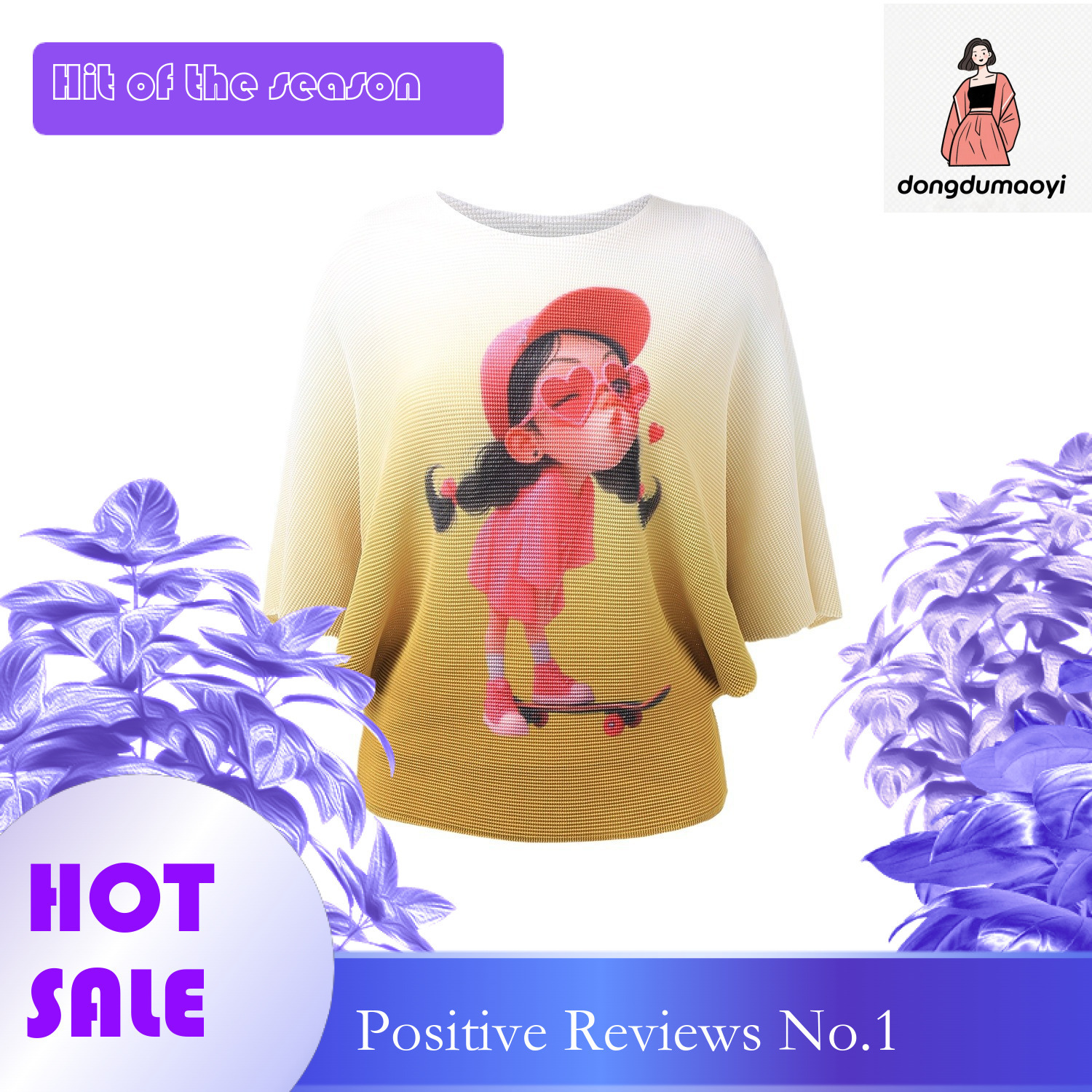 dongdumaoyi Miyake gradient t-shirt women's bat sleeves round neck loose pullover small shirt summer new commuting versatile top