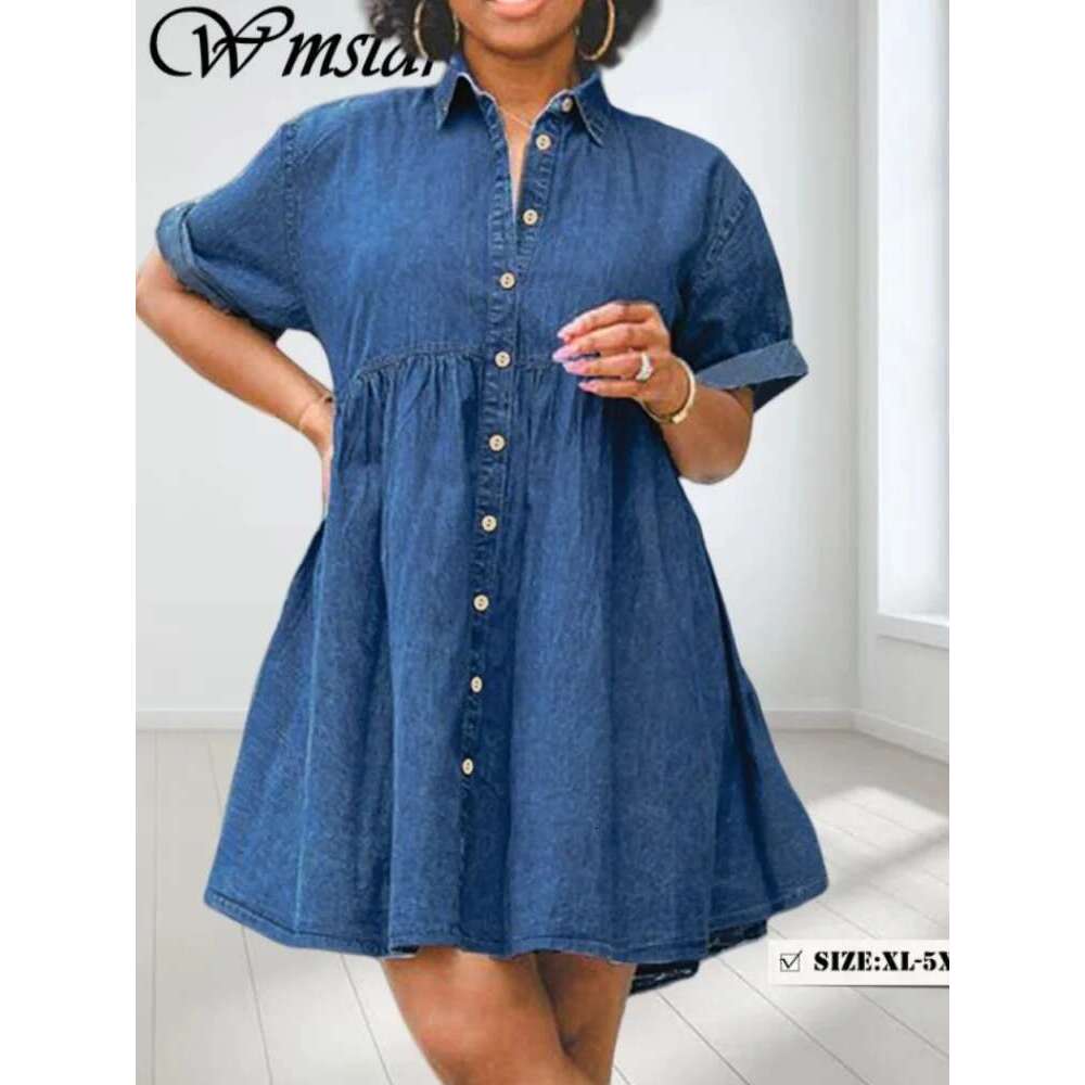 Wmstar Plus Size Denim Dresses Women Elegant Casual Loose Short Sleeve Summer Midi Dress Wholesale Dropshipping New Style