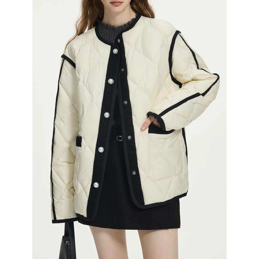 FSLE 105G Filling Amount Fashion Lattice Design Down Coat For Female Fall Winter 2024 New Loose Warm Jacket 24Fs14052