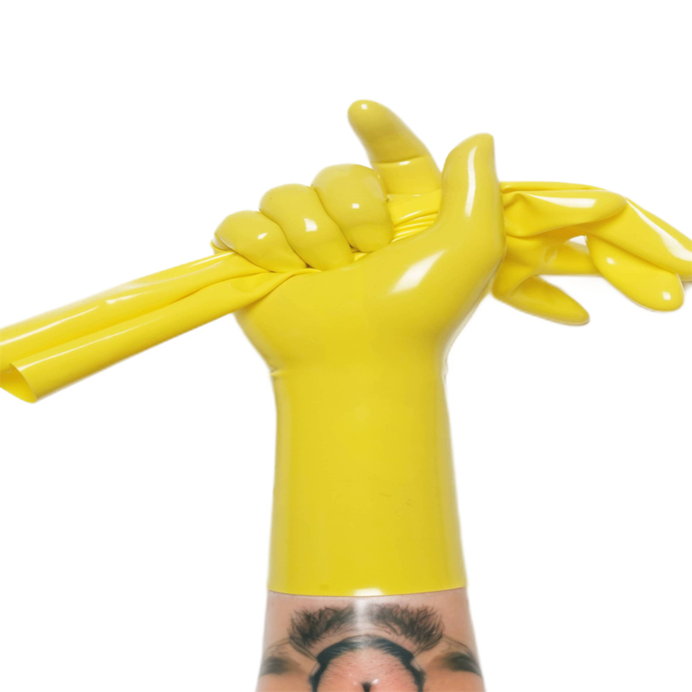 customized gloves rubber yellow latex fetish wear handmade gloves mark Latex catsuit male fetish hood chlorine bodysuit