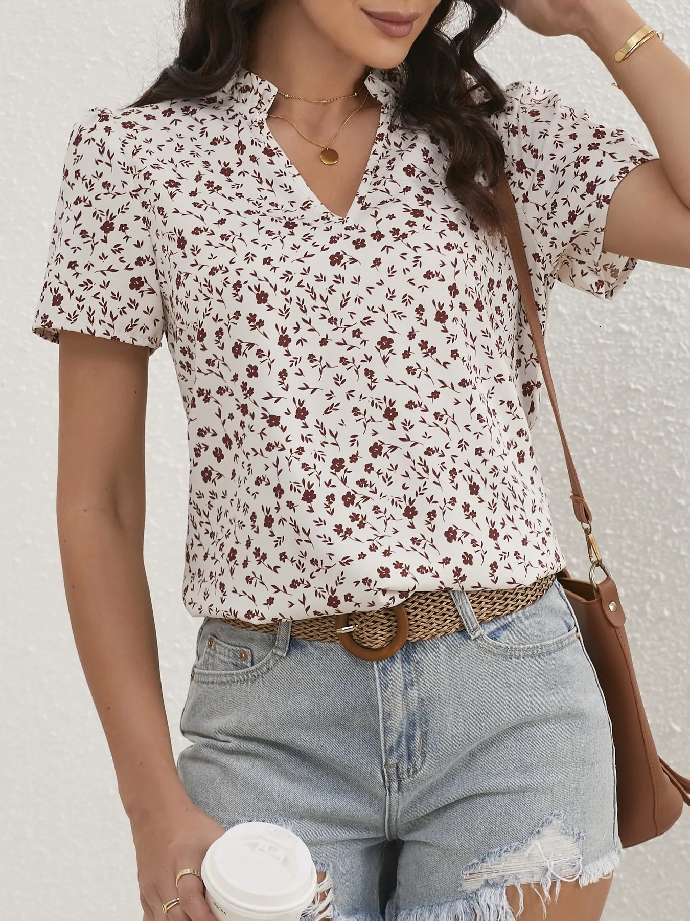Ladies Ditsy Floral Frill Trim Notch Neck Puff Sleeve Blouse Women Tops Shirts 250514