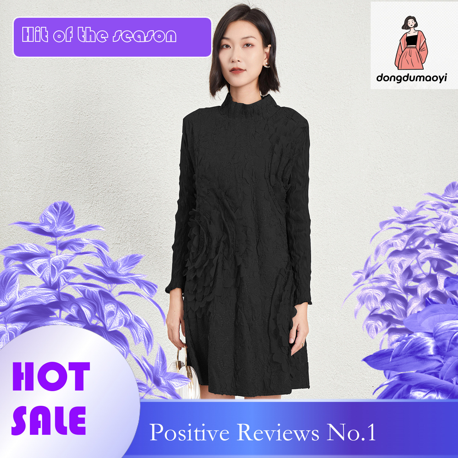 dongdumaoyi Miyake dress early autumn new loose socialite style long sleeved semi high neck mid skirt pullover embroidered large swing