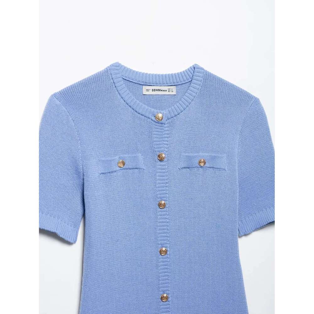European and American style 2025 new round neck single-breasted fashionable slim knitted short-sleeved dress