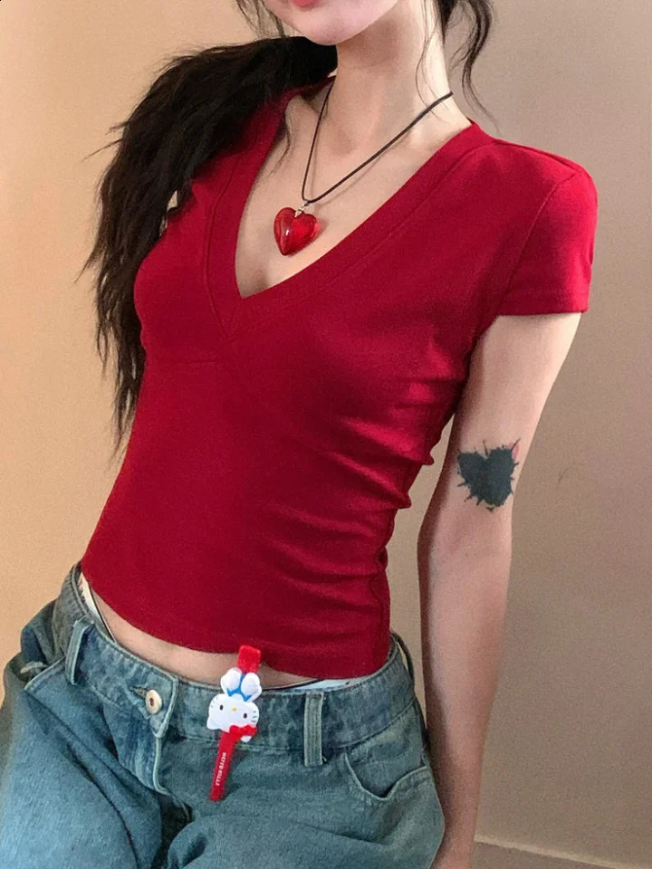 Vneck Short Sleeve Tops Casual Women T Shirts Black Summer Skinny Sexy Solid Basic Crop Top Fashion Streetwear 250517