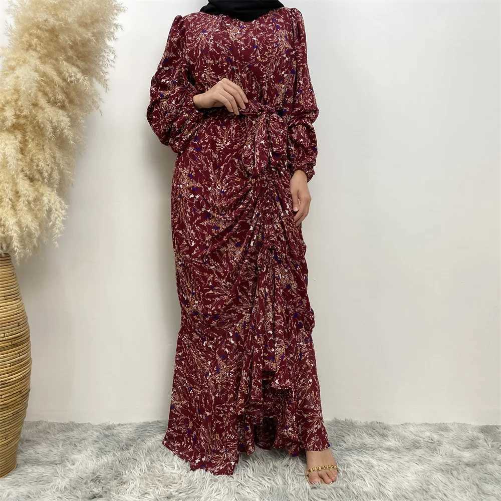 Muslim Womens dress Casual print bark crepe long dress Zipper collar long slves loose Muslim maxi dress X250514