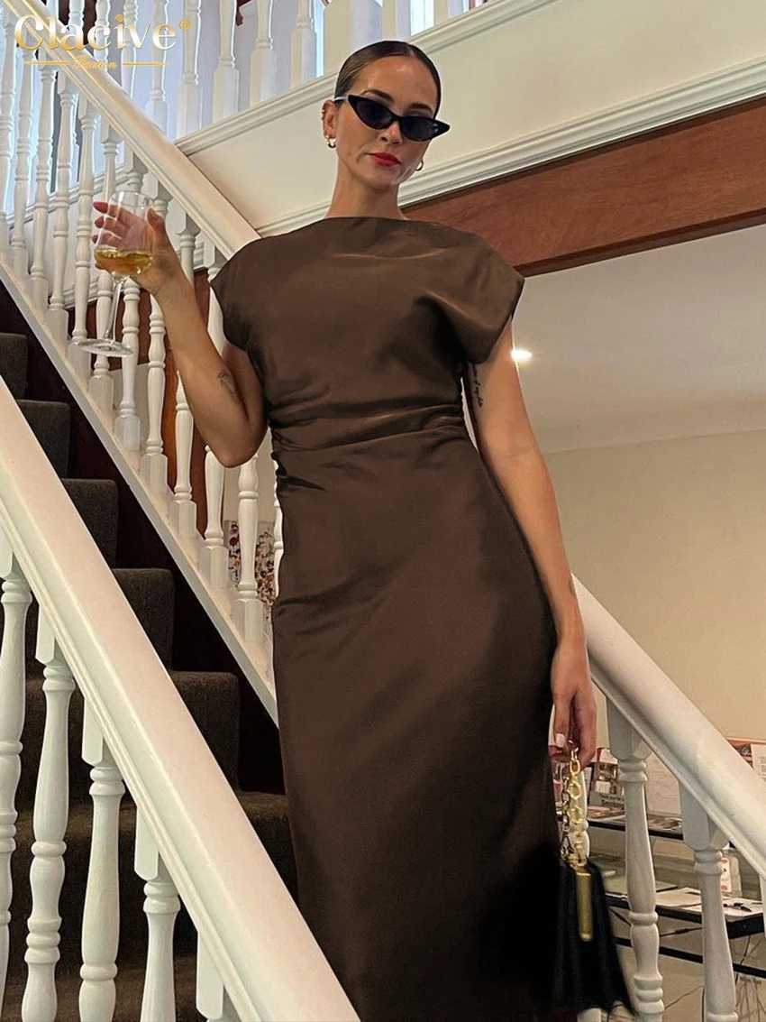 Clacive Summer Slim Brown Satin Womens Dress 2024 Bodycon O-Neck Sleeveless Ankle Length Dresses Elegant Classic Female DressXJ250514