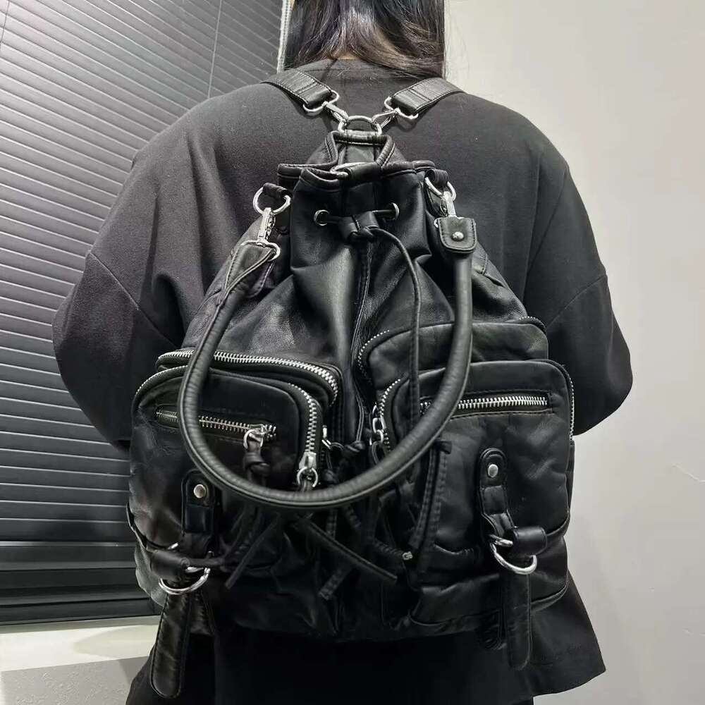 Ladies' Fashion Y2K Street Spicy Girl Backpack Large Capacity Aging Multi functional Pure Leather Retro Shoulder Bag