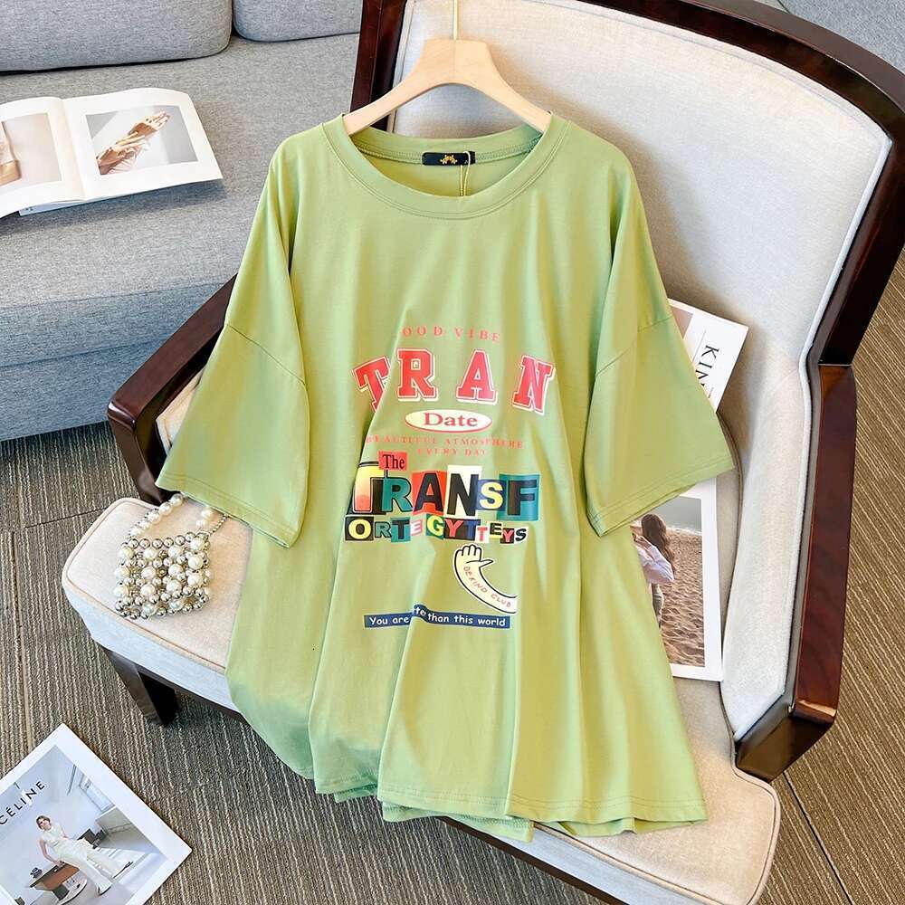 Summer Plus Size Women's Round Neck Letter Printed T Shirt Pink Green Casual Loose Medium Long Short Sleeve Outdoor Street Tops