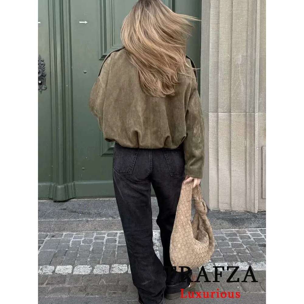 TRAFZA Casual Soft Bomber Jackets Women Long Lantern Sleeve Oversized Spring Summer Coats Fashion 2025 Streetwear Zipper Outwear Designer Designer