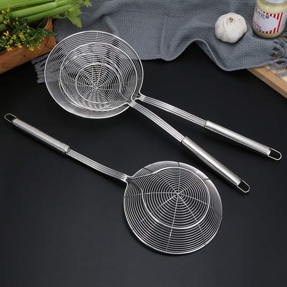 DINUO. Stainless Steel Slotted Spoon, 2 Slotted Spoon, Spider Skimmer, Strainer Ladle, Frying Ladle for Hot Pot, Cooking and Frying (14-16 cm)