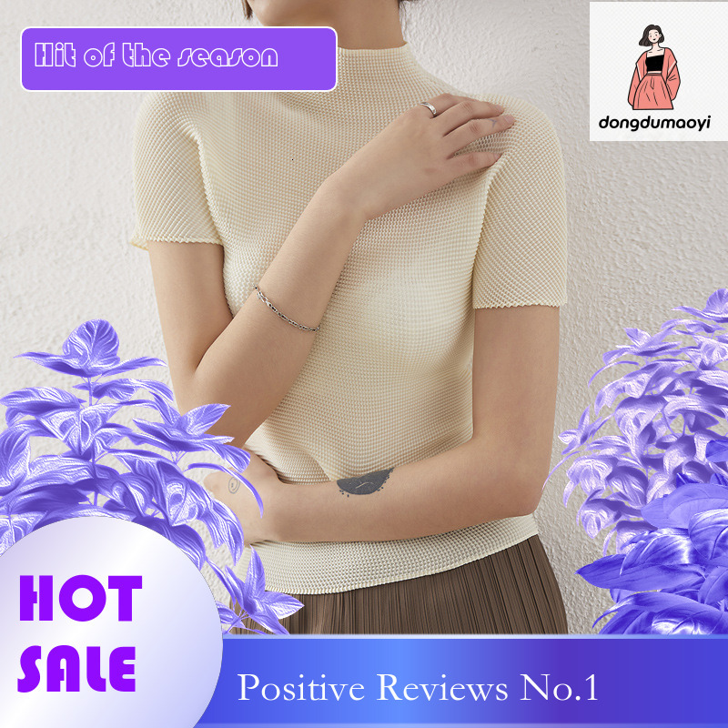 dongdumaoyi Japanese high-end pleated top women's summer Miyake new style temperament semi high neck slim fit elastic slimming short sleeved T-sh