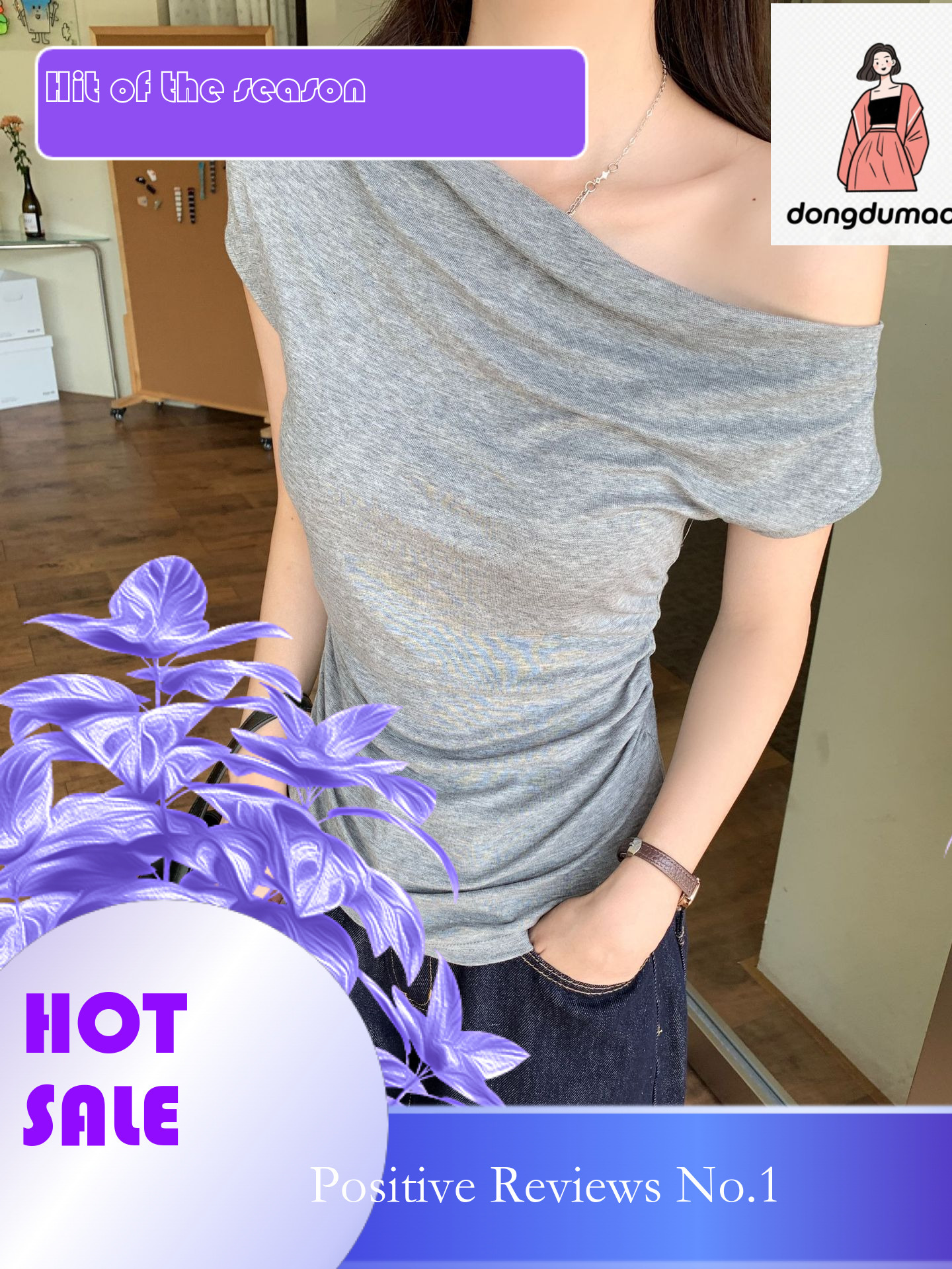 dongdumaoyi Slanted sleeved T-shirt for women's summer new design, unique and stylish, solid color, spicy girl, sexy off shoulder short top