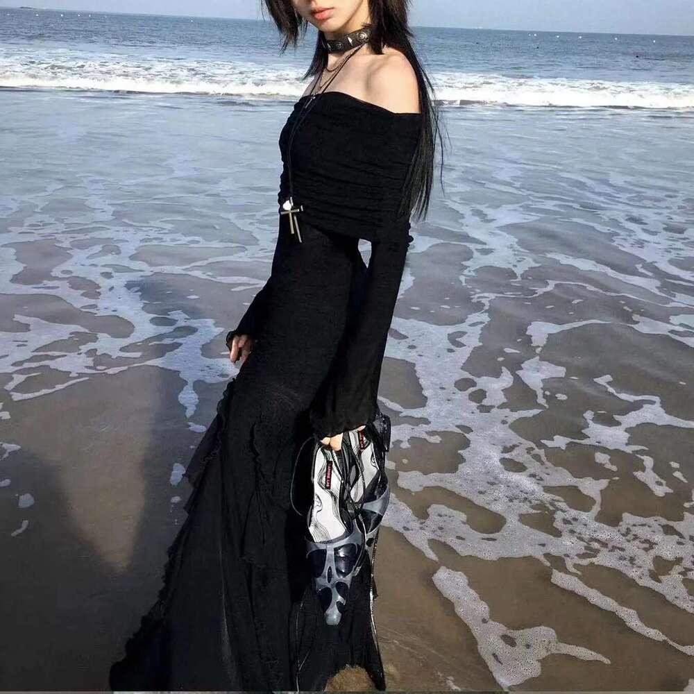 SUCHCUTE Elegant Off Shoulder Ruffles Split Dress Black Fashion Long Sleeve Party Dresses Women Beach Vacation Outfits