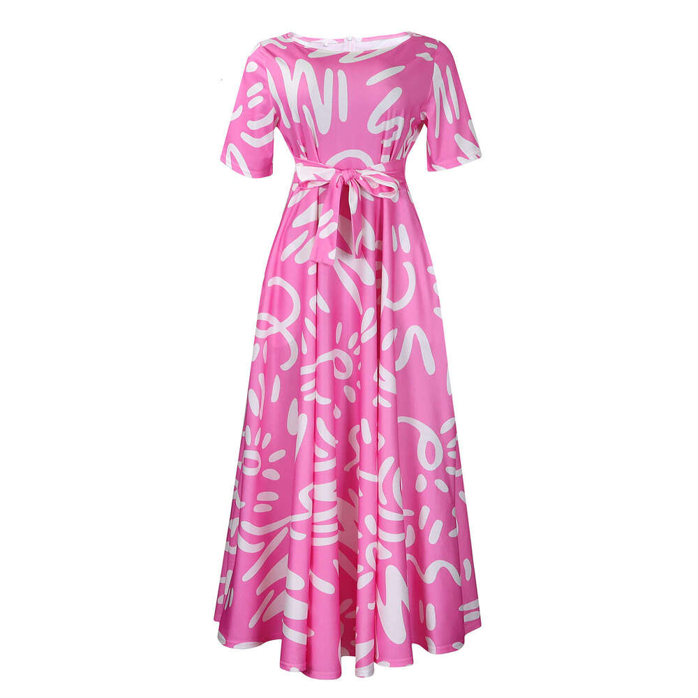 Women's Wear D3323 Women's Clothing New Fashionable Temperament Lace Up Printed Short Sleeved Big Swing Dress