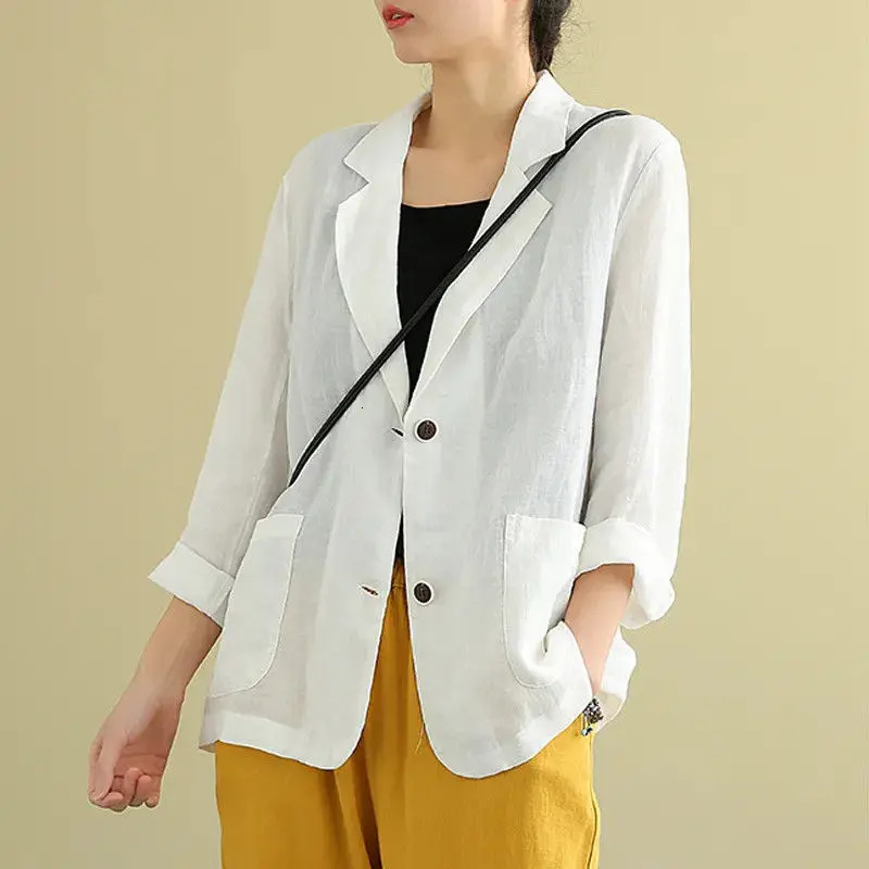 Casual Cotton and Linen Suit Jacket Women Spring and Summer Loose solid Long-sleeved Blazer Woman Sunscreen Clothing 250513