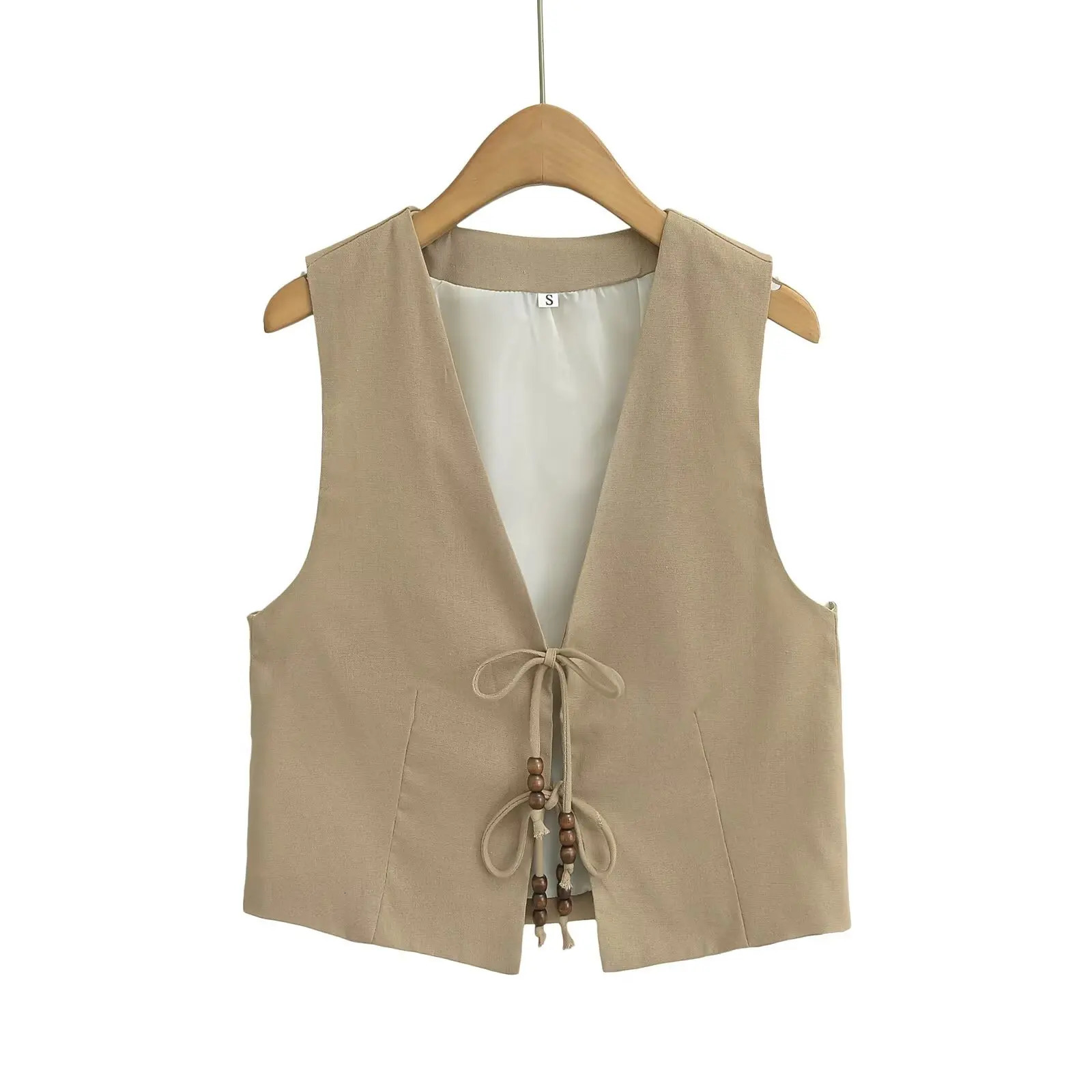 womens fashionable Vneck sleeveless bead n lace top short linen vest jacket for office casual slim fit waist CT2208 250506