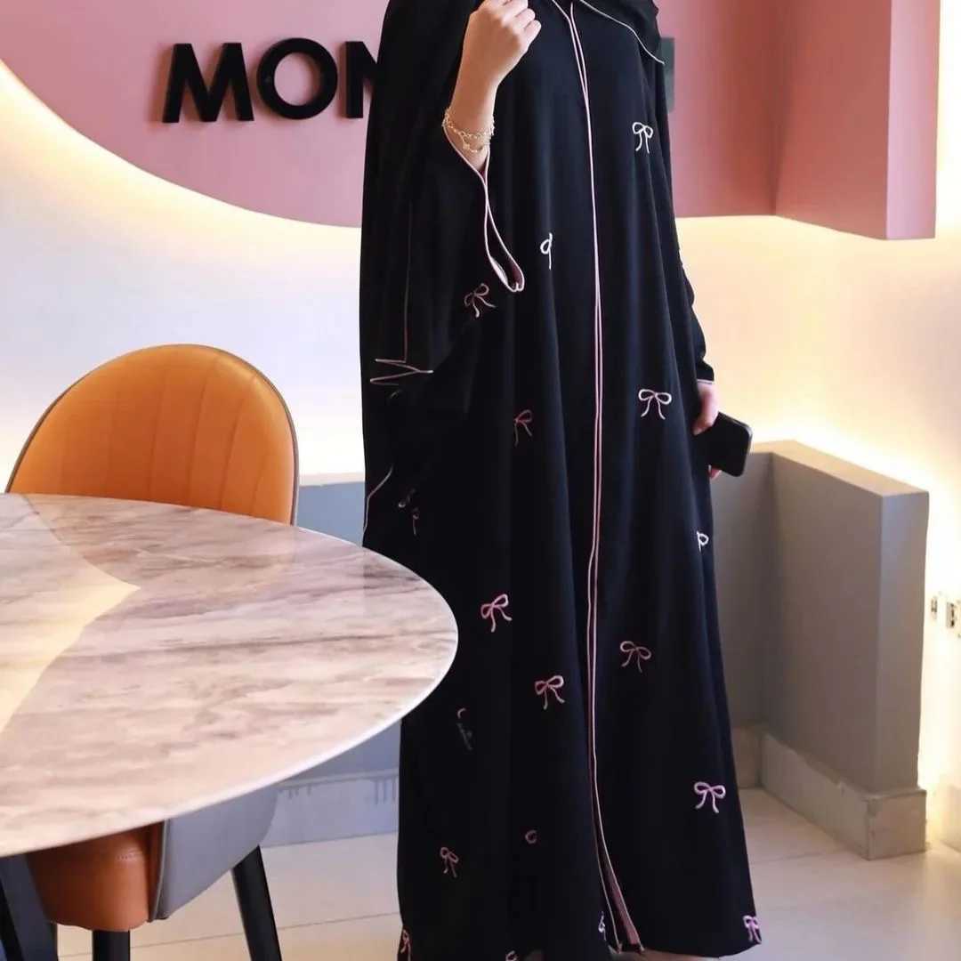 Arab Women Front Open Cardigan Scarf Burqa Islamic Bow Embroidery Robe Abaya Muslim Robe Ladies Loose Kaftan Clothing X250514