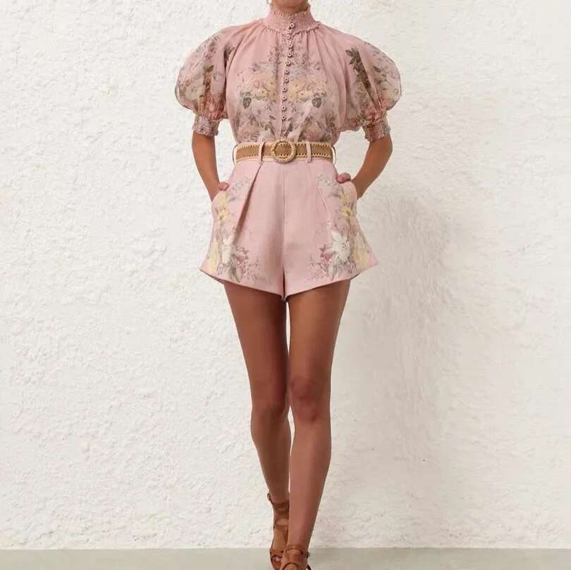 Plus Designer Print Cotton Linen Bubble Sleeve Shirt Shorts Belted High End Women's plus Size Clothing Chinese Style Sum...