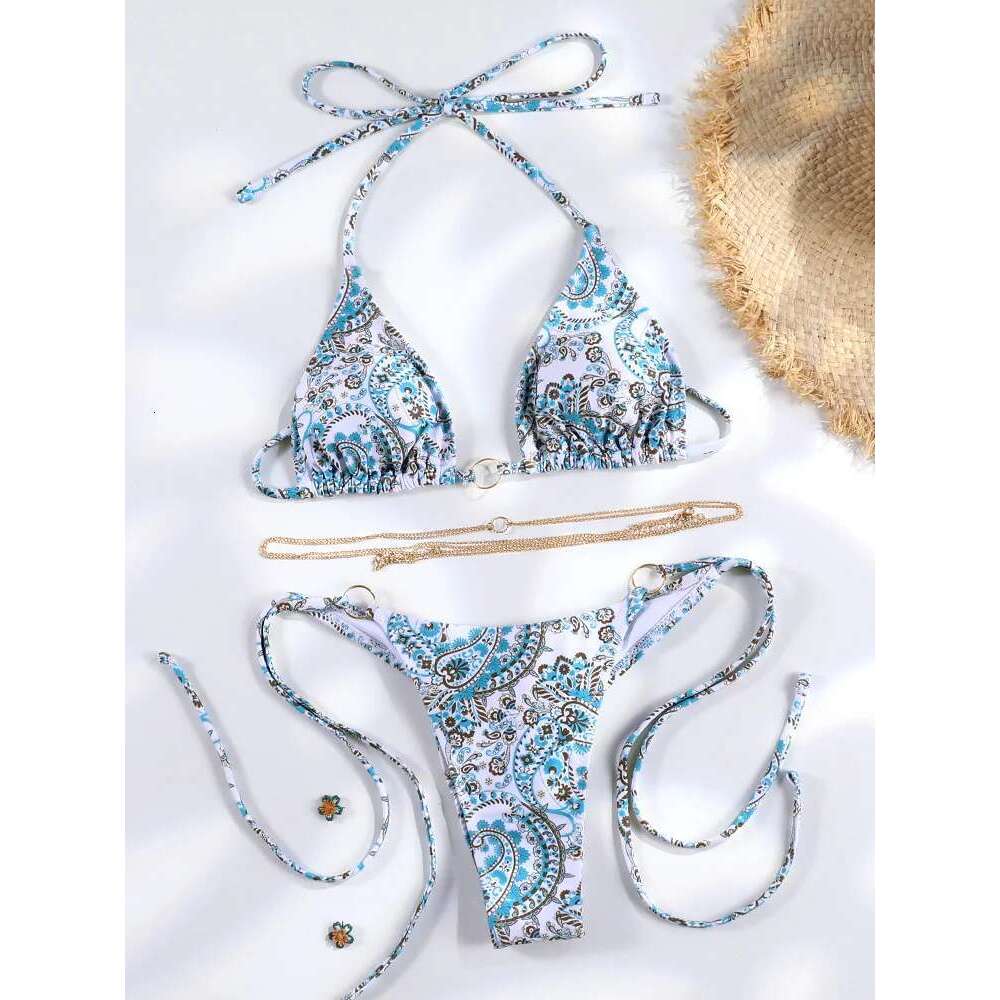 Sexy Triangle Chains Sets Micro Thongs Swimsuit Women Bathing Suit Biquini Bandage Beachwear Print Swimwear Thong Bikini