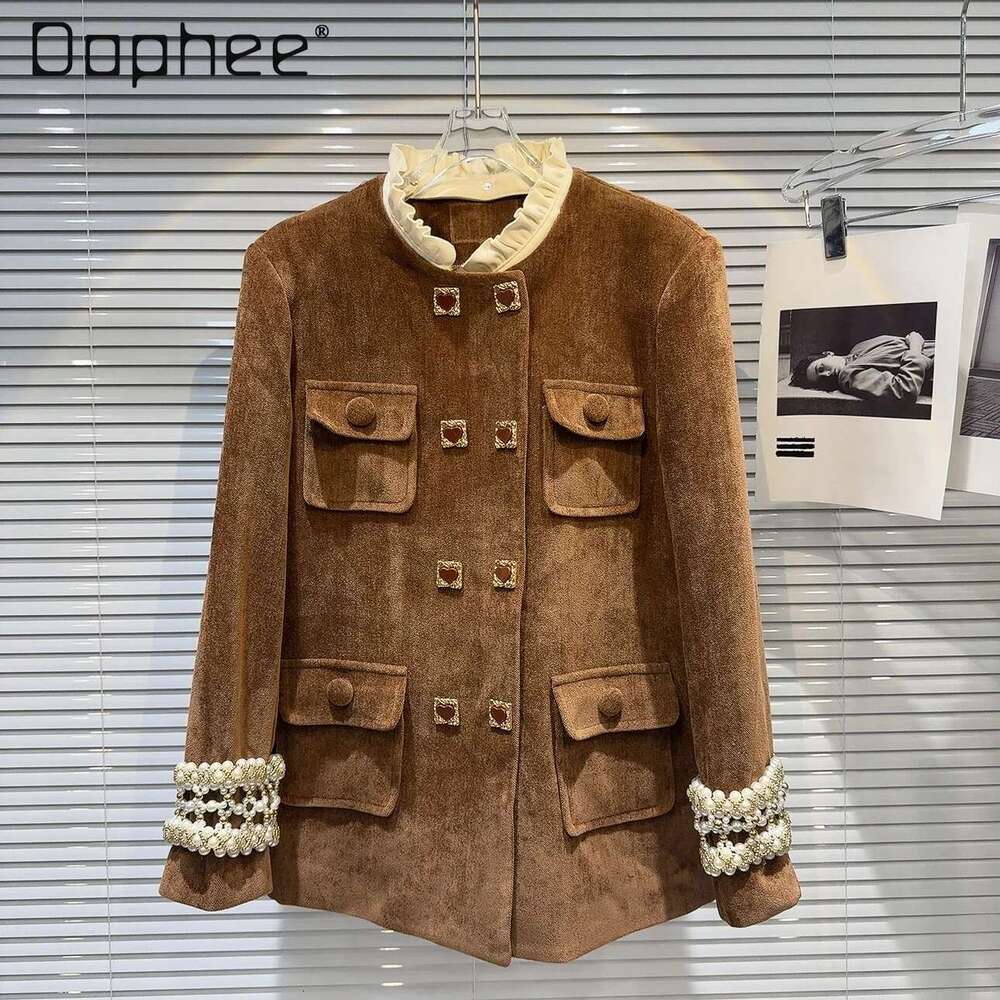 Retro Beading Jacket Women Double Breasted Ruffle Collar Long Sleeve Coats Vintage 2024 Autumn Winter Female Trend