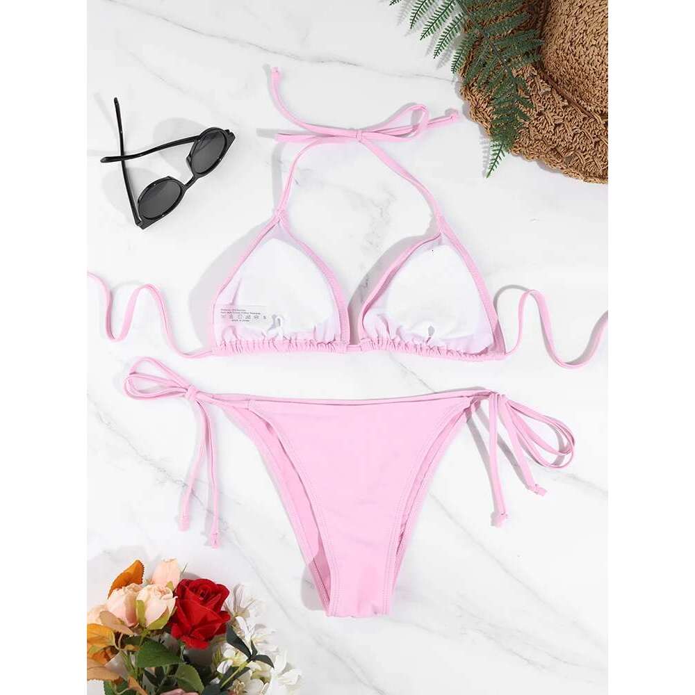 2 Pc Sexy Women Thong Solid Color Bikini Set Side Halter Tie Swimsuit Ladies Split Strap Adjustable Brazilian Swimwear Beachwear