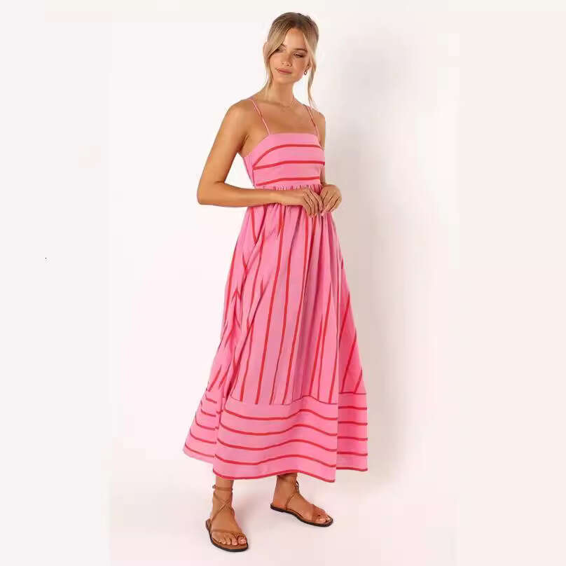Women Clothes Dress Year Spring Summer Striped Camisole Backless Big Swing New Style Dress KQ