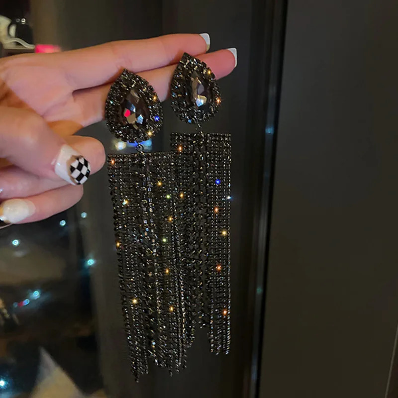 FYUAN Black Gold Color Water Drop Crystal Earrings Oversize Long Tassel Rhinestone for Women Dangle Earring Statement Jewelry 250513