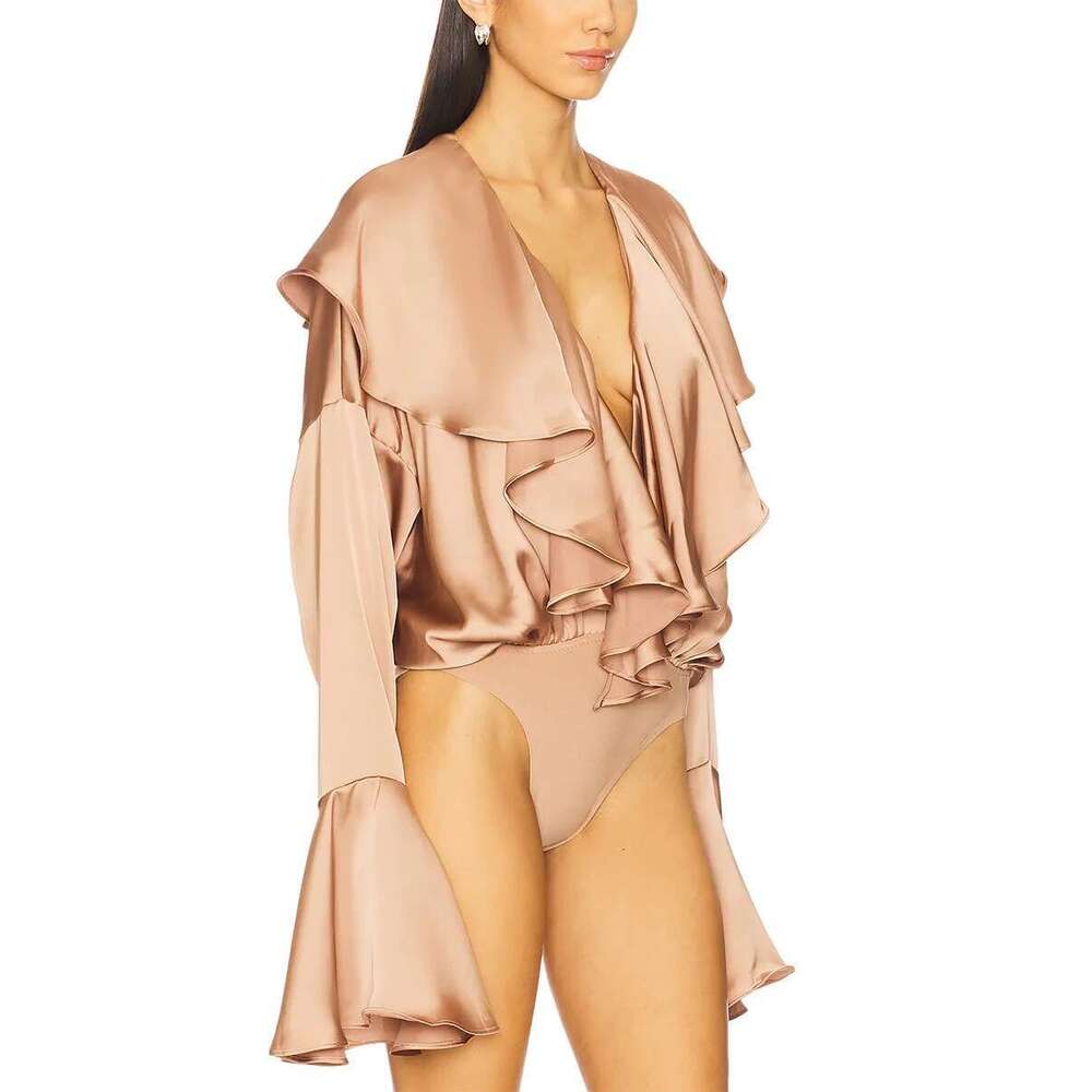 Getspring Women Bodysuits 2025 Spring Summer Ruffles V Neck Flare Sleeve Slim Fitting Bottomings Fashion Solid All Match Tops