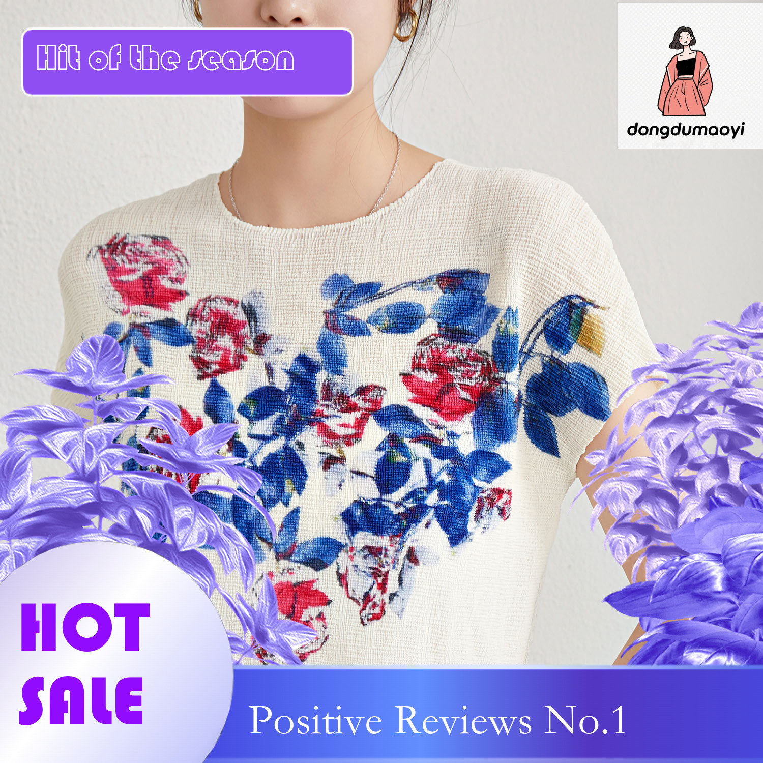dongdumaoyi Fashionable pleated printed T-shirt 2024 summer new top bat sleeve round neck pullover loose and versatile short sleeved shirt